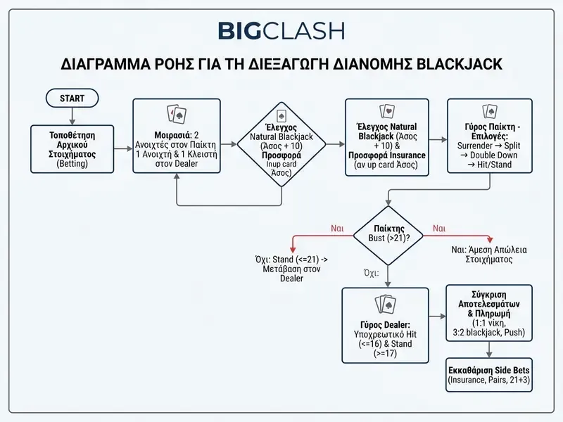 Διάγραμμα ροής επτά βημάτων που δείχνει τη σειρά μιας παρτίδας blackjack, από το στοίχημα έως την πληρωμή.